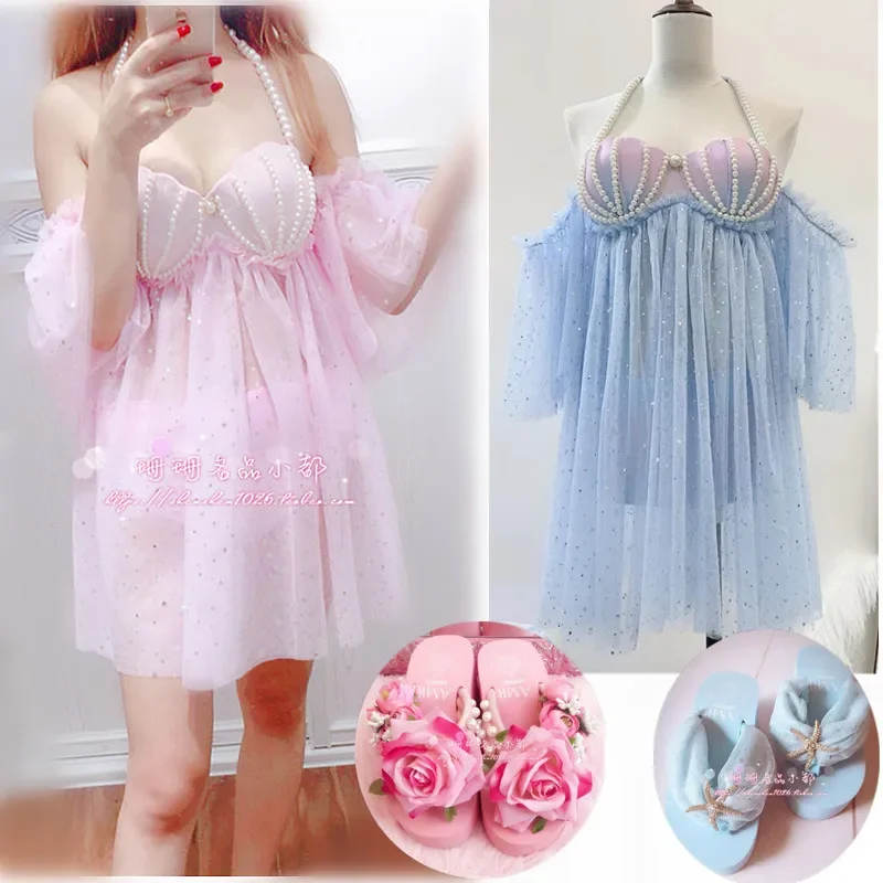 each Fairy Swimsuit Mermaid Bikini swimwear gradient shell Bra Pearl Chains Summer Lolita Sweet Cloth Swimsuit Beach Dress