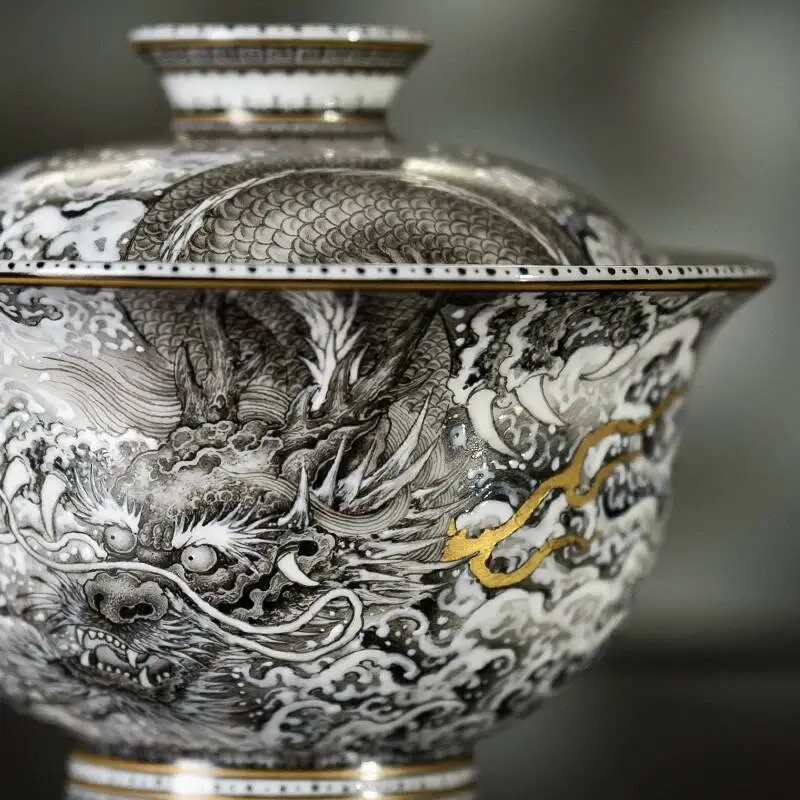 Sacred Mountain High-End Set Jingdezhen Handmade Hand-Painted Pastel Ink Dragon Gaiwan Cup For Brewing Tea