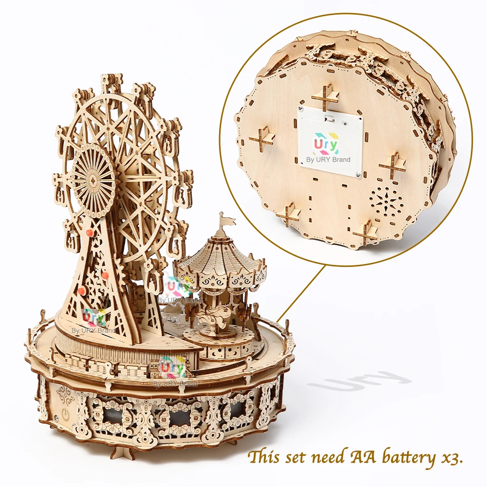 Ury 3D Holzpuzzle LED Drehbares Riesenrad Vergnügungspark Musikalische Oktavbox Modellbausatz Montage DIY Spielzeug Geschenk für Kinder und Erwachsene
