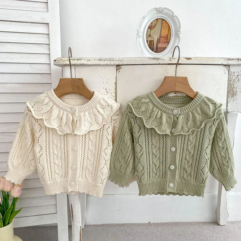 Herbst Stricken Mantel Baby Neugeborene Mädchen Pullover Strickjacken Aushöhlen Floral Rüschen Langarm Mädchen Tops Mantel Korea Mädchen Kleidung