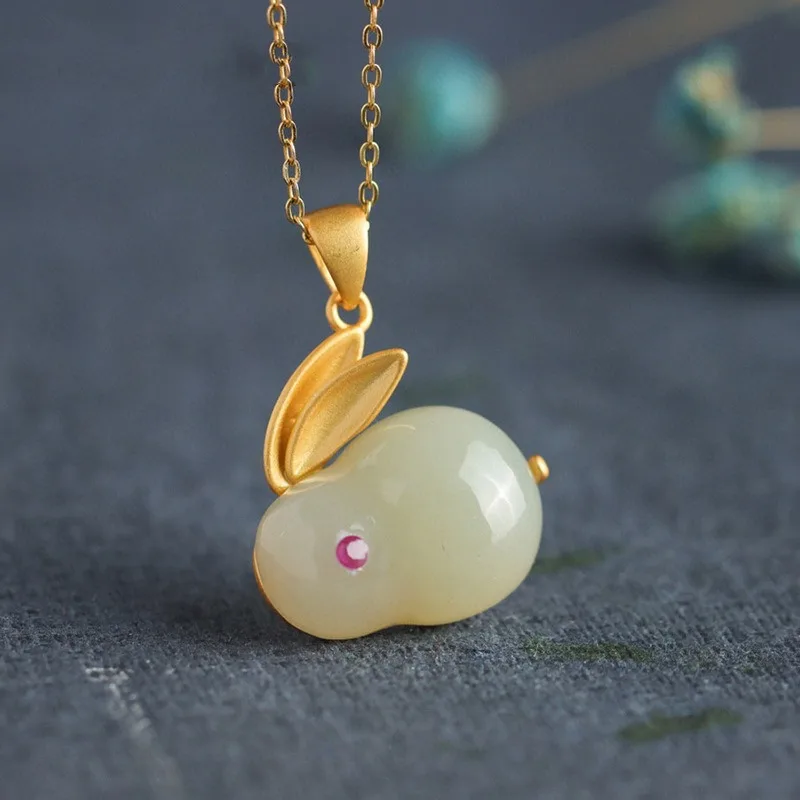 Jade Rabbit Set Imitation Natural Hetian Jade Ring, Ancient Gold Inlaid Chalcedony Rabbit Necklace Cute Rabbit Stud Earr