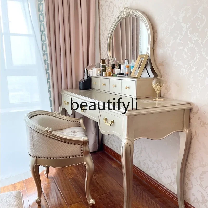 

American light luxury dresser fairy dressing table French bedroom champagne gold dressing table dressing stool07A