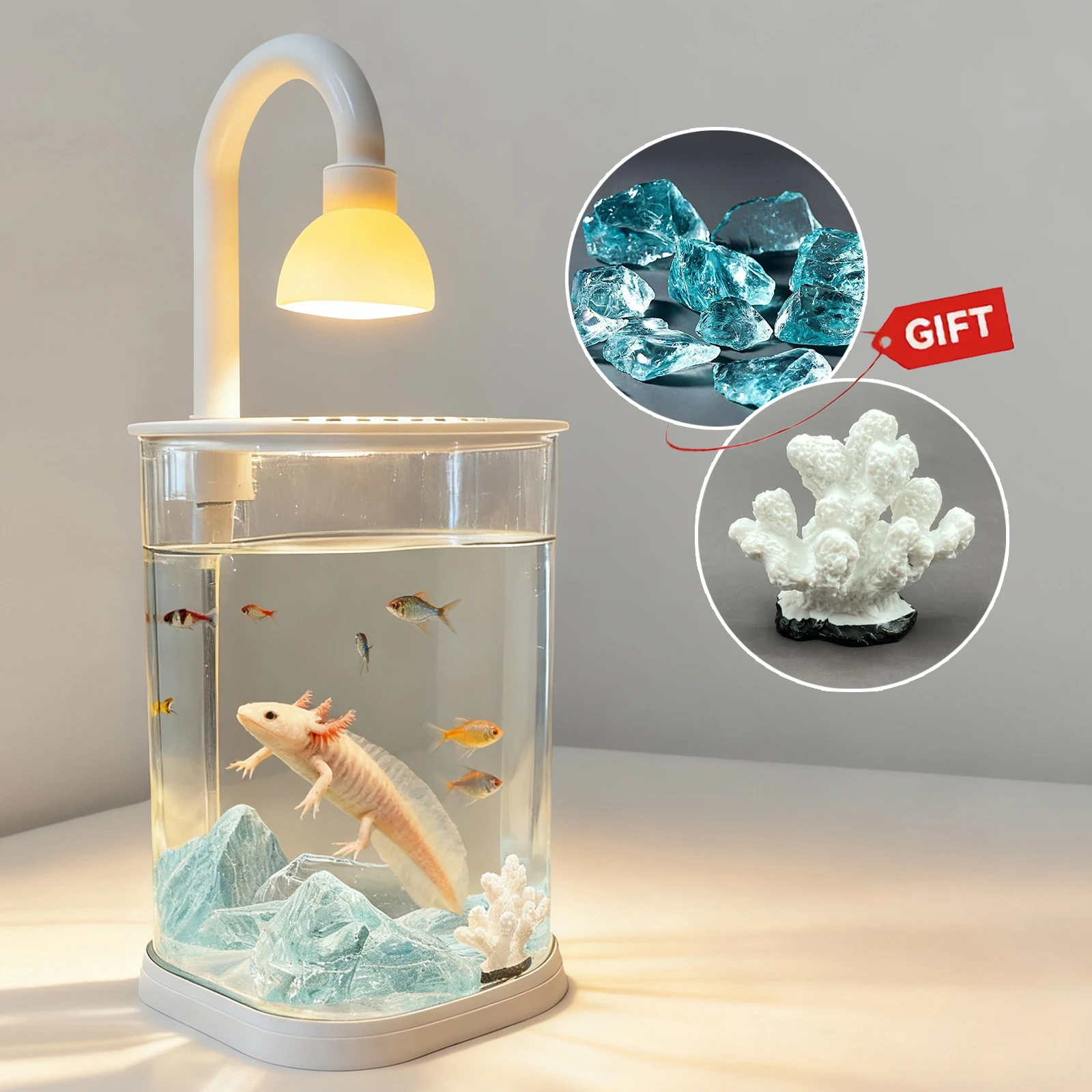 Kit de iniciación, pecera pequeña, tanque Axolotl, tanque de tortuga de mesa, pecera dorada con luz, Idea de regalo de Navidad para fiesta para niños