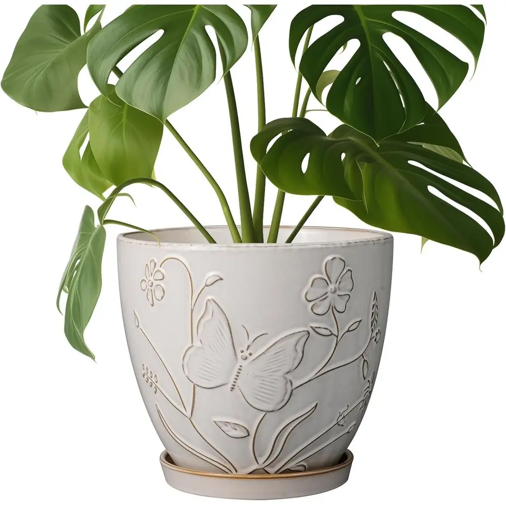 

MPotTo 8 Inch Ceic Pots or Plants Large Planter Pot with Drainage Hole and Saucer Round lower Pot or Indoor Outdoor Decor, White