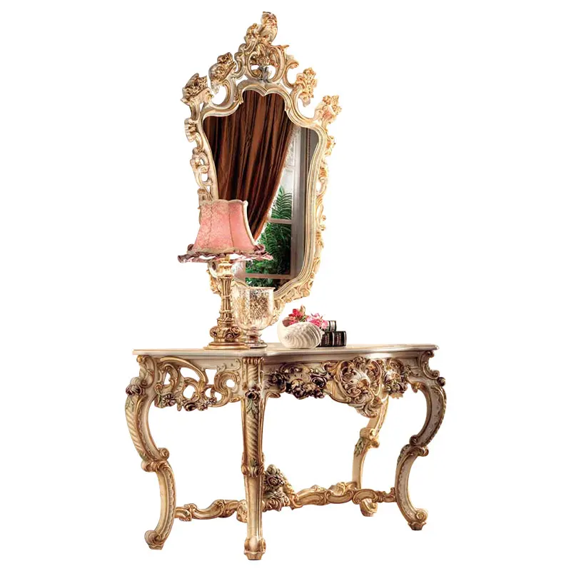 Manual Solid Wood Carving Antique Hand Painted Living Room Furniture Console Table Sets Mirror
