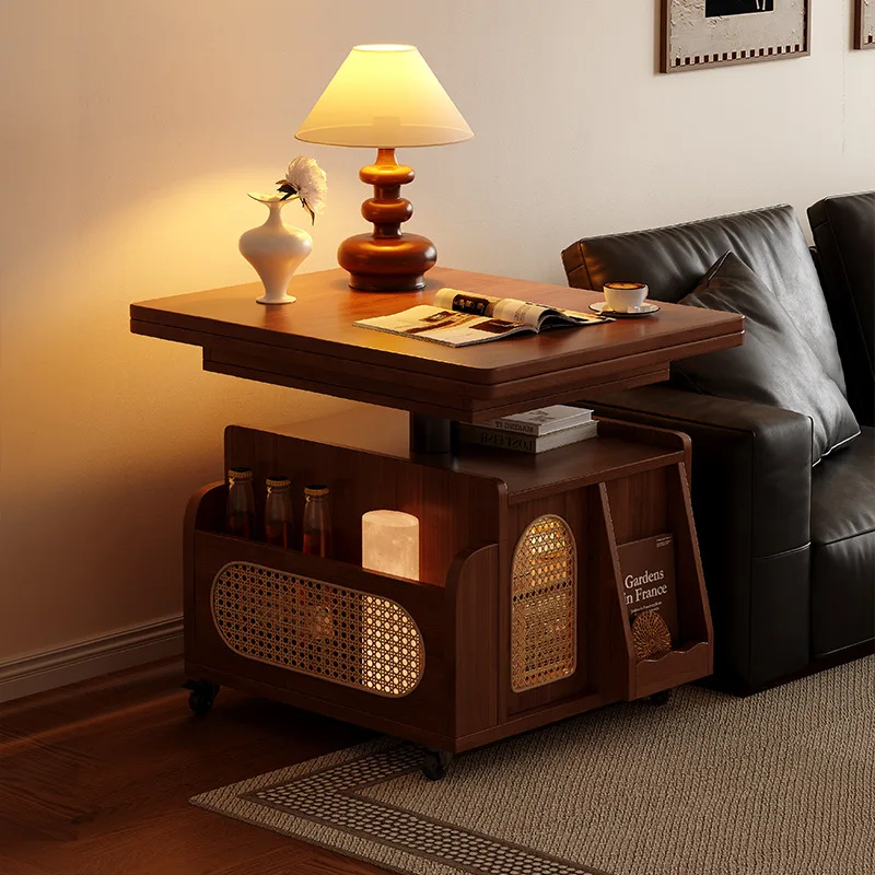 HYS liftable side folding mobile cart solid wood tea table tea table small apartment living room multi-functional sofa dining