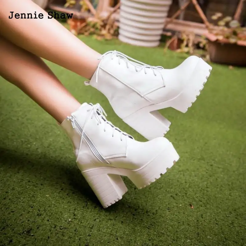 Boots Women High Heels Casual Lace Up Back Cosplay  Boots White Shoes Platform