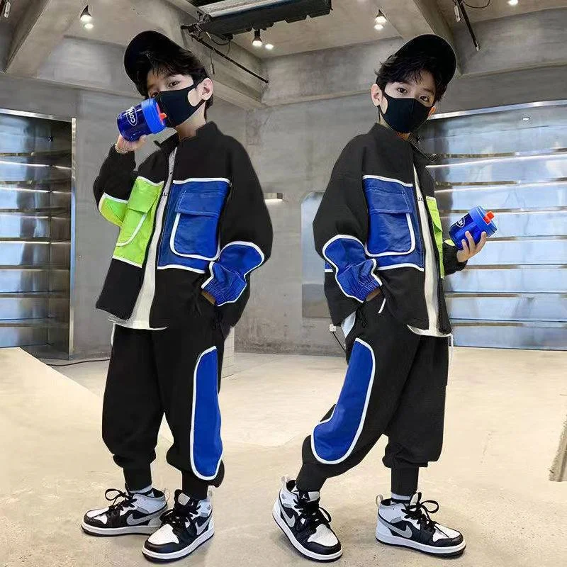 Boys Suit Coat +Pants Cotton 2Pcs/Sets 2023 Splicing Spring Autumn Thicken Sports Sets Kid Breathable Children Clothing