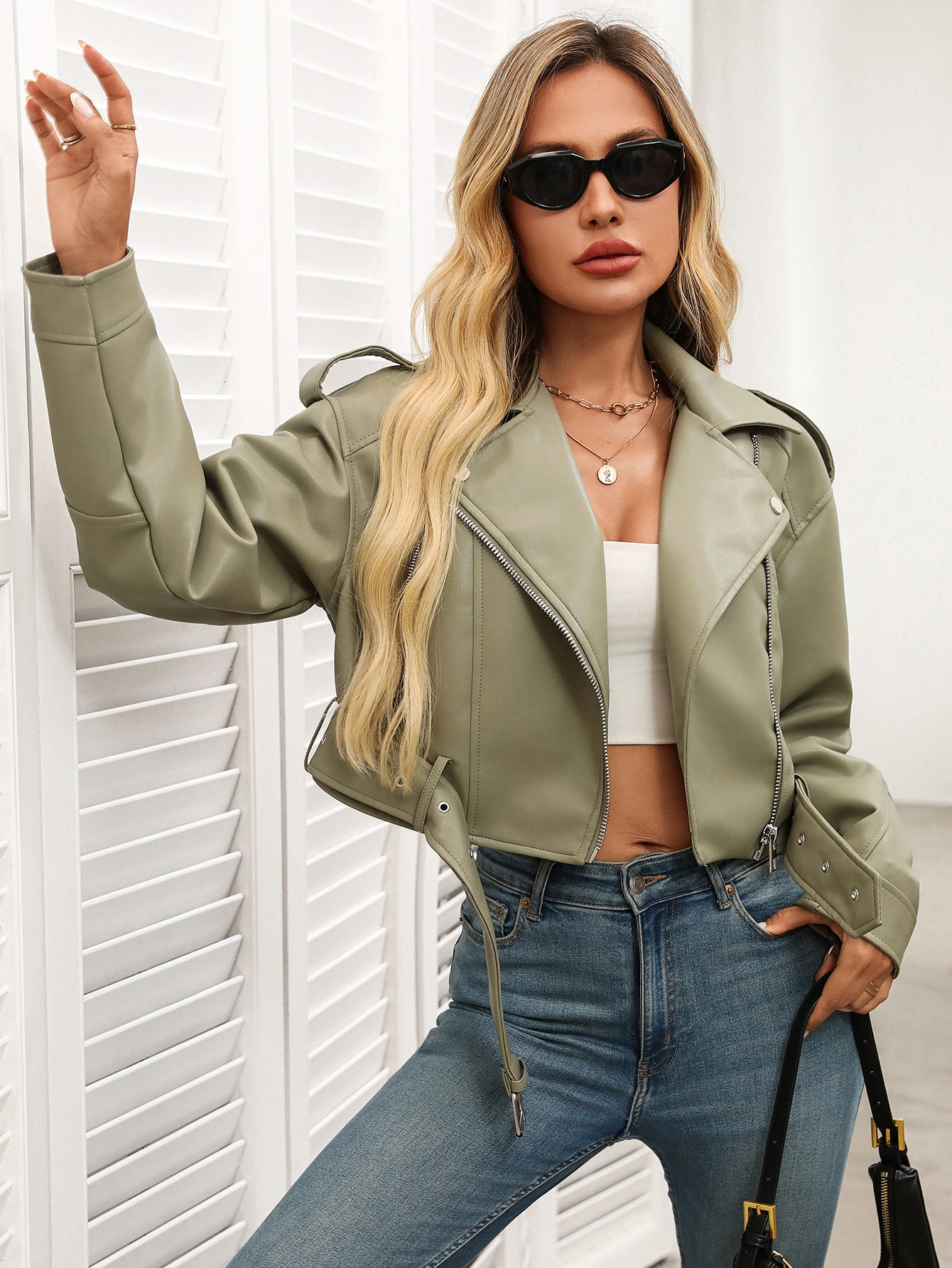 Fitaylor Women Faux Leather Jacket Lady Lapel Motorcycle Leather Outwear Casual Light Green Coat