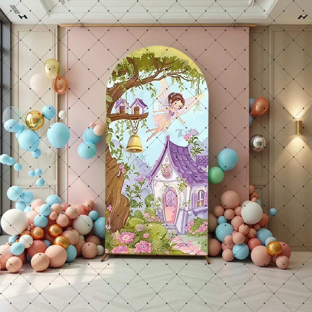 Butterfly Fairy Garden Girls Birthday Arch Wall Panels Backdrops Pink Floral Mushroom Door Baby Shower Arched Cover Party Banner