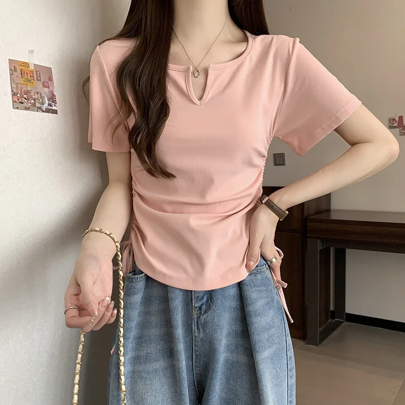 2024 Summer New Tied-up T-shirt Repair V-neck Shoulder Pleated High Waist Short Sleeve T-shirt Women's Wear