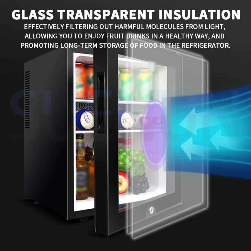 Piccolo frigorifero da 40 litri Armadietto per la conservazione del tè con maschera a porta singola Congelatore con ante in vetro trasparente Piccolo armadio frigorifero camere dell'hotel trasparenti armadi freschi a