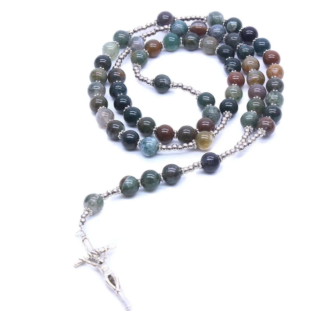 Natural Stone India Agate Beads Silver Plated Cross Pendant Necklaces Women Catholic Christian Religious Jewelry Accessory Gifts