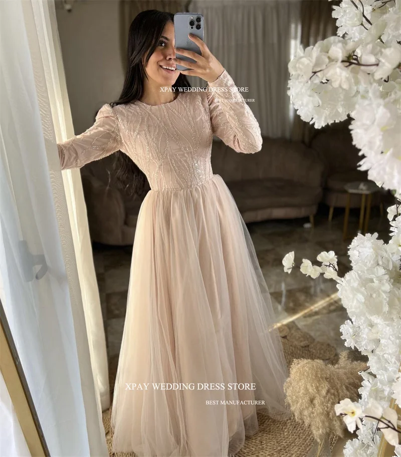 XPAY Modest Glitter Muslim Arabic Customised Long Sleeves Tulle Floor Length Blush Pink Evening Gowns Formal Party Dress