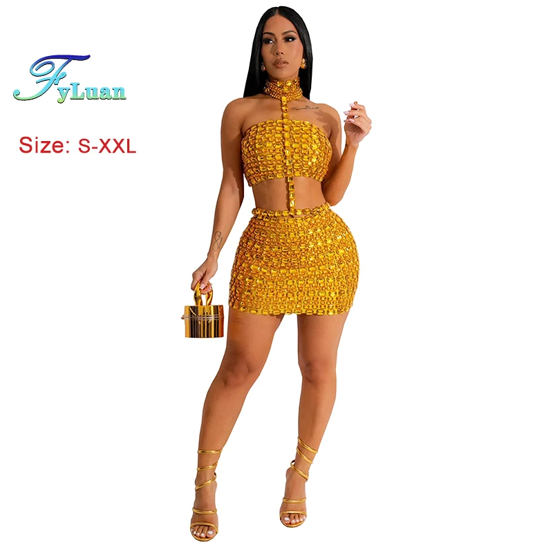 

Модный новый сетчатый перспективный женский комплект с короткой юбкой, однотонный короткий топ и облегающий мини-пакет, юбка на бедрах, комплект из двух предметов