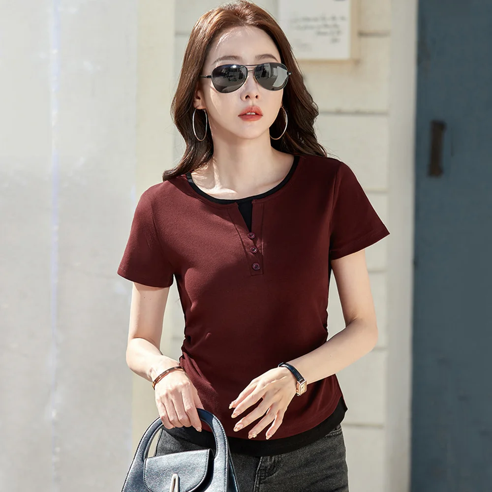

New Women Patchwork T-shirt Summer Fashion O-Neck Short Sleeve Folds Slim Waist Contrast Color T-shirt Casual Basic T-shirt