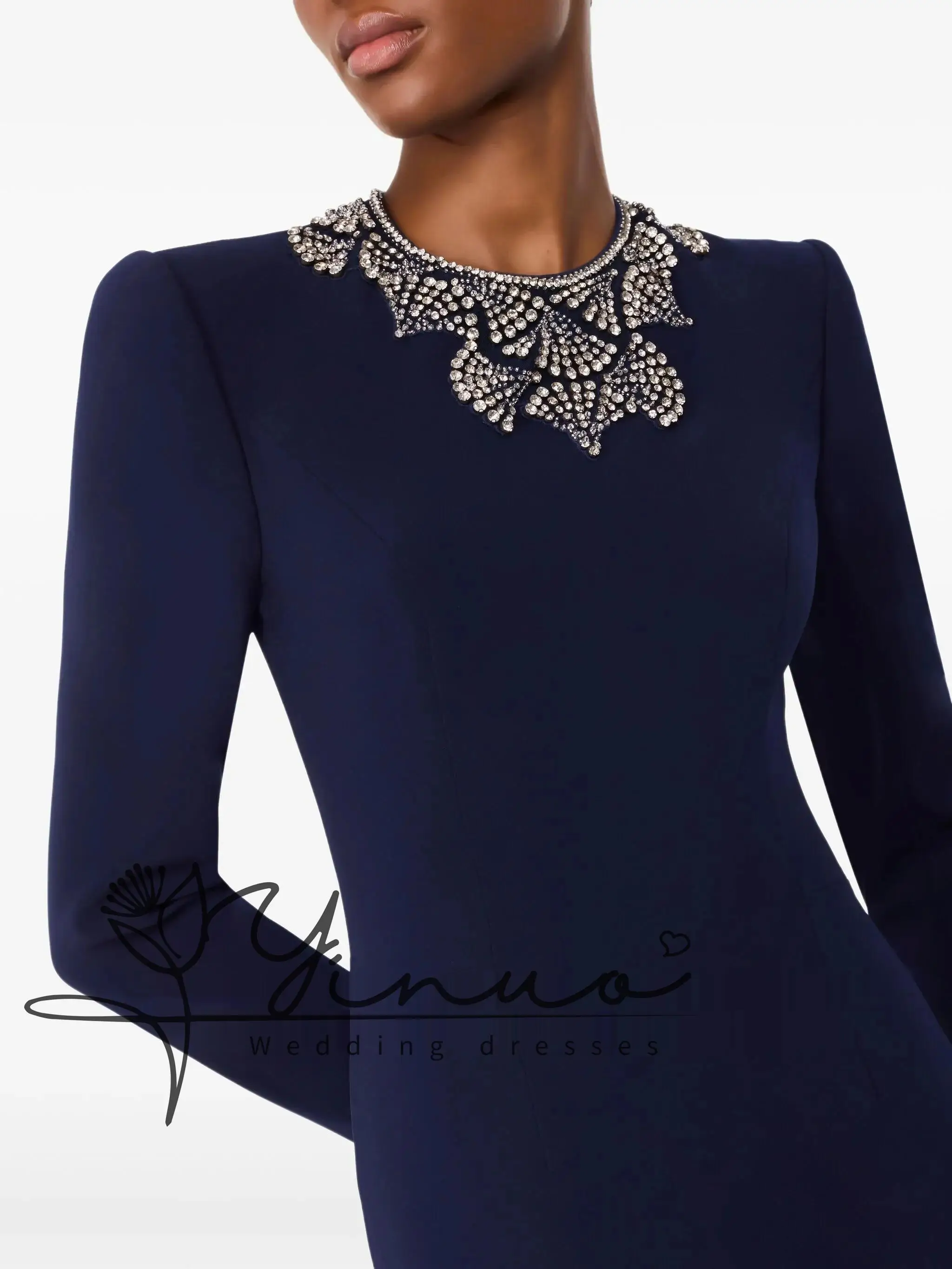 Gaun Prom Lengan Panjang Leher-o Lurus Krep Kustom Gaun Malam Kristal Gaun Midi