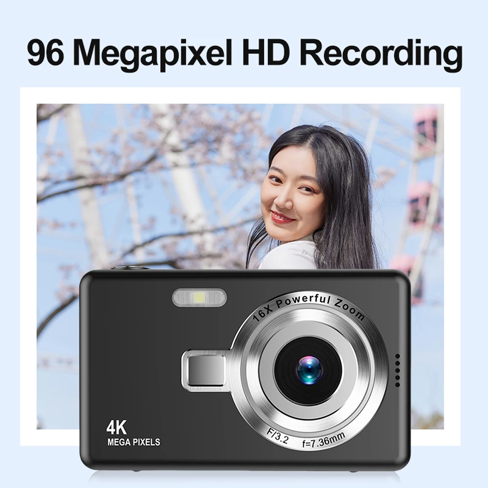 4K HD 1080P Digital Camera 96MP Portable Vlogging Camera 16X Zoom Camcorder Camera 2.4 Inch IPS Screen for Kids Adults Beginners