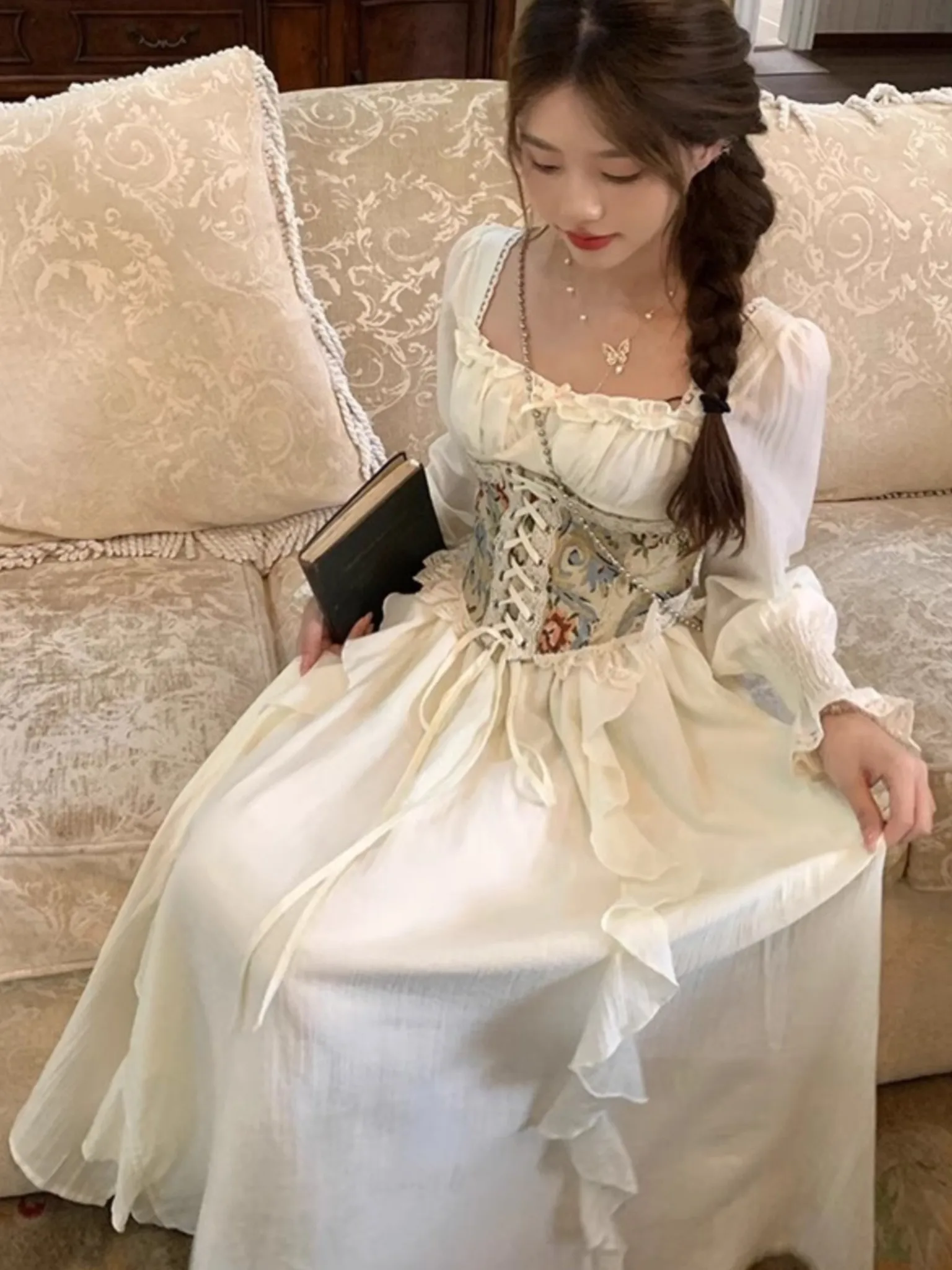 Women Vintage European Corset Midi Dress French Elegant Square Collar  Lantern Sleeve Princess Vestidos Spring Autumn Clothing - AliExpress  200000345