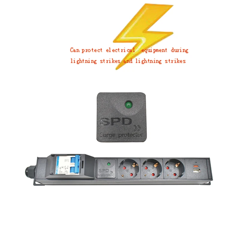 The PDU power strip with an aluminum alloy shell is equipped with European-style sockets, air switches, surge protection, and TP