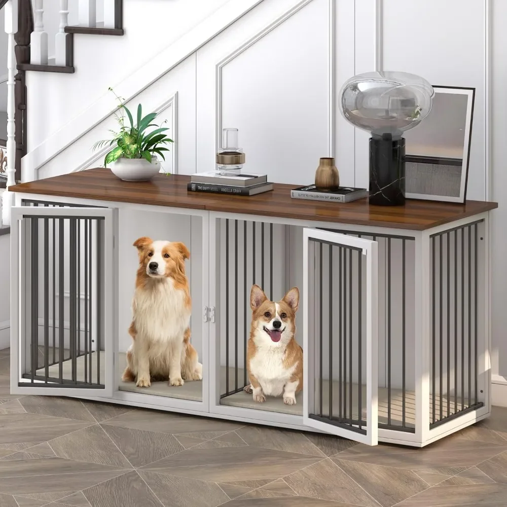 Large Dog Crate Furniture for 2 Dogs, 71.6'' Steel Frame Dogs Crate with Double Doors, Heavy Sturdy Dog Kennel