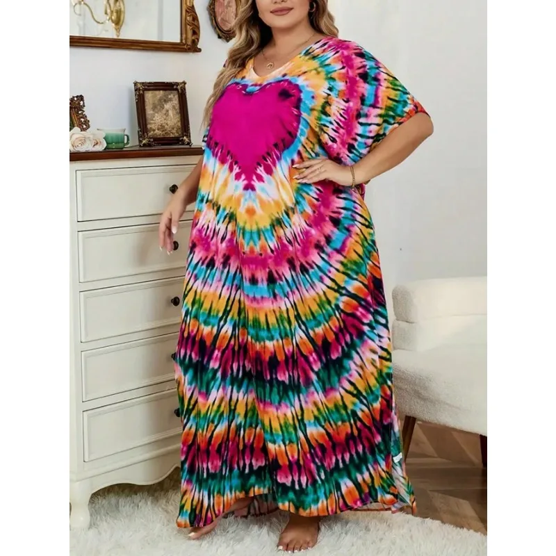 Sukienka damska plus size 1XL-5XL w stylu boho, nowa, z nadrukiem tie-dye, rękawami typu nietoperz, rozcięciem, długa sukienka plażowa.