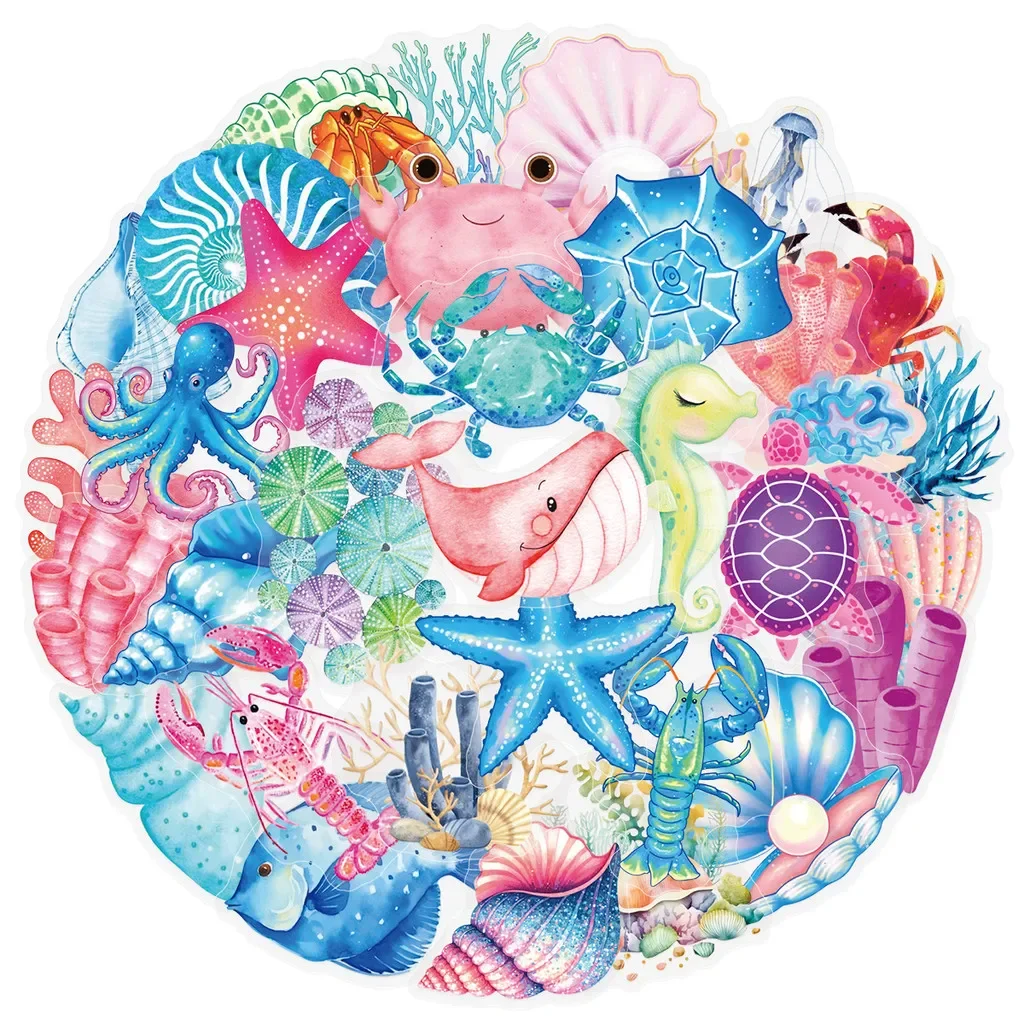 50 Pieces Transparent Psychedelic Ocean Coral & Shell Stickers - Waterproof DIY Decorative Decals for Journals AnimeWorlds Store