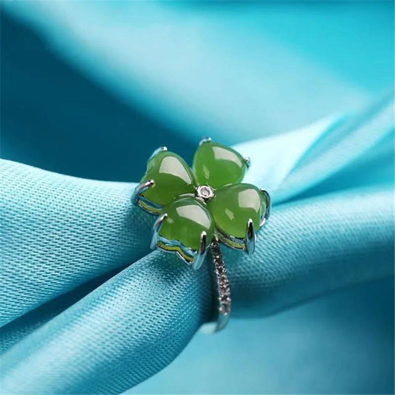 Classic Jade Green Clover Ring For Lady Anniversary Accessories Gift Fashion 925 Sterling Silver Ring Women Jewelry Adjustable