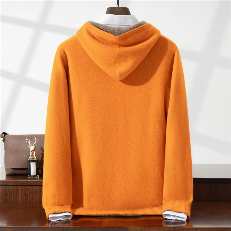 Men's Cardigan Hooded 100% Australian Wool Sweater Casual Knitting Autumn and Winter Series Long Sleeved Jacket New Hot Selling