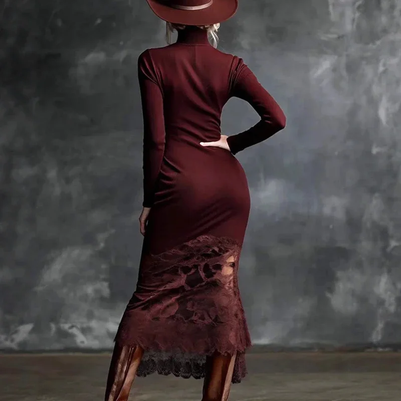 Sukienka damska z golfem, patchworkiem i koronką, długa, seksowna, obcisła, podkreślająca biodra, elegancka sukienka na imprezę z długim rękawem, jesień, vestidos