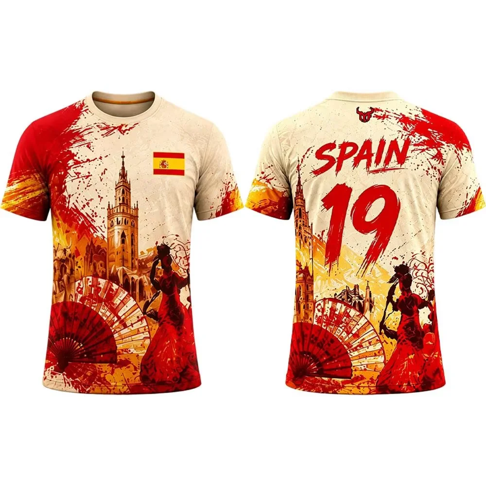 Men's Outdoor Sports Breathable Quick-Drying New Spain Flag 3D Print JerseySoccer T-Shirt Summer Unisex Casual O-neck Top