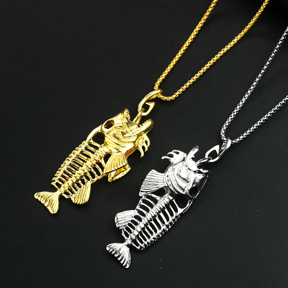 Western Style Fish Necklace Fish bones skulls Pendant Sea Punk Hip-hop Cowboy Chain Jewelry Suitable for Fishing Enthusiast Gift