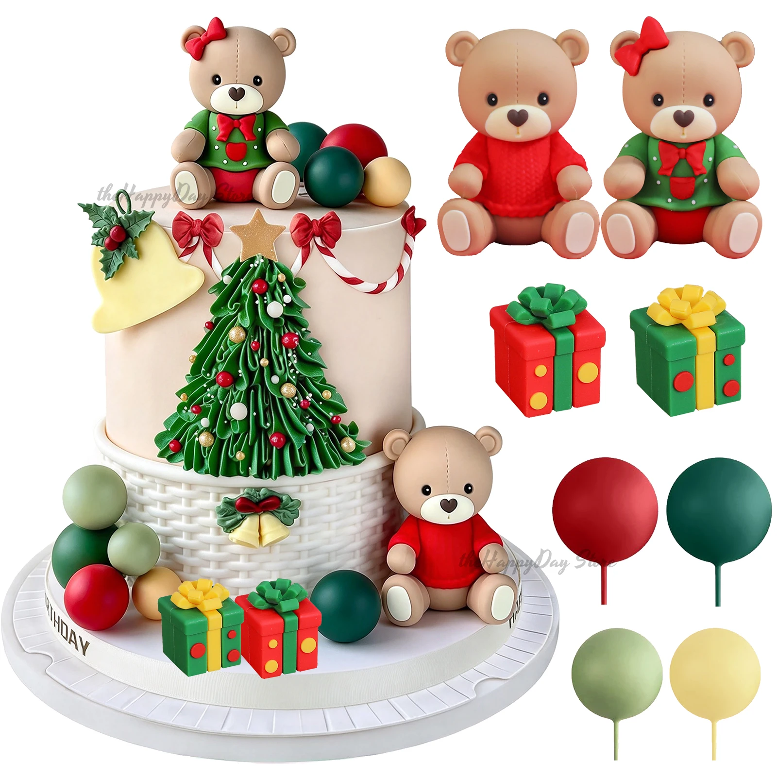 24/22Pcs Christmas Cake Toppers 3D Teddy Bear Gifts Balls Cake Decorations for Winter Xmas Theme Birthday Wedding Cupcake Decor