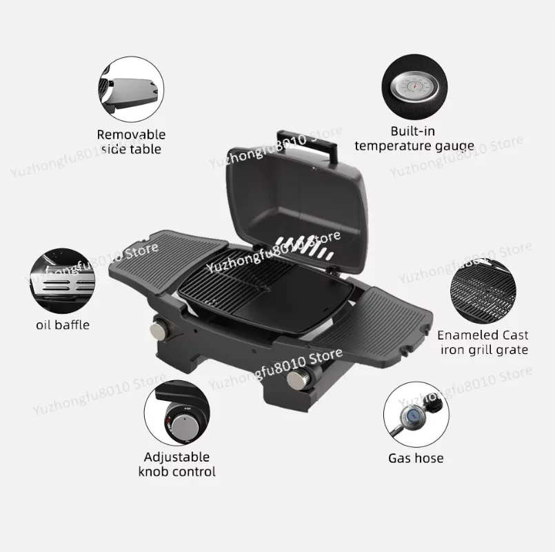 Portable stainless steel gas grill with cast iron cooking grill & camping outdoor grill removable side table