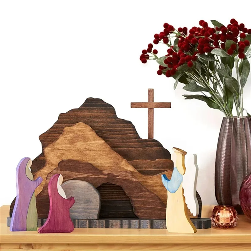 AA81-2 PCS Easter Scene Decorations Resurrection Scene Ornaments As Shown Wooden Manger Creche Nativity Set Crafts Resurrection