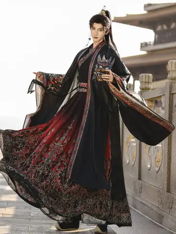 Unisex Dark Red Ancient Chinese Xianxia Hanfu Set, Embroidered Warrior Robe Outfit for Stage & Comic Con