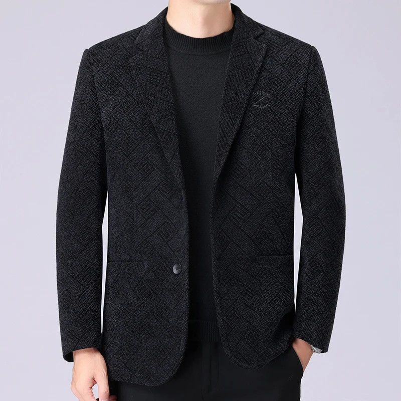 

Winter Men Thick Thermal Chenille Blazers Soft Warm Fleece Lining Suit Jacket Coffee Navy Checked Pattern Outfits Menswear