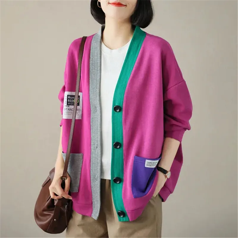 2023 Spring Autumn Pocket Knit Cardigan Literature Art Contrast Color V-Neck Long-Sleeved Knitwear Tops Loose Sweater Coat Woman