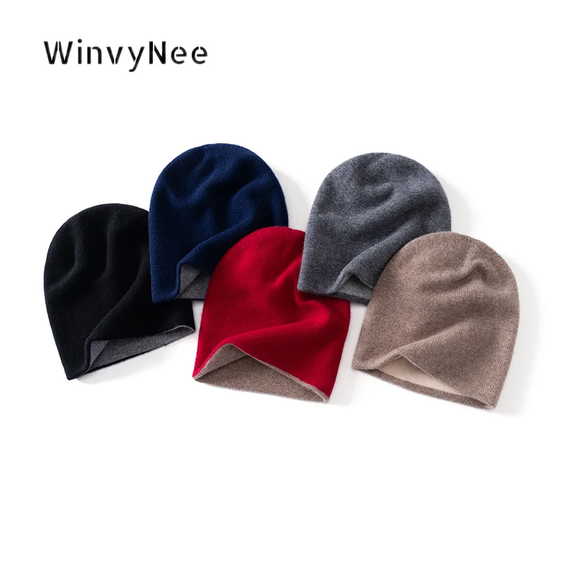 WinvyNee Women 100% Wool Reversible Double Layer Beanie Loose Knitted Cap Autumn Winter Thickened Stylish Soft Headwear I1883050