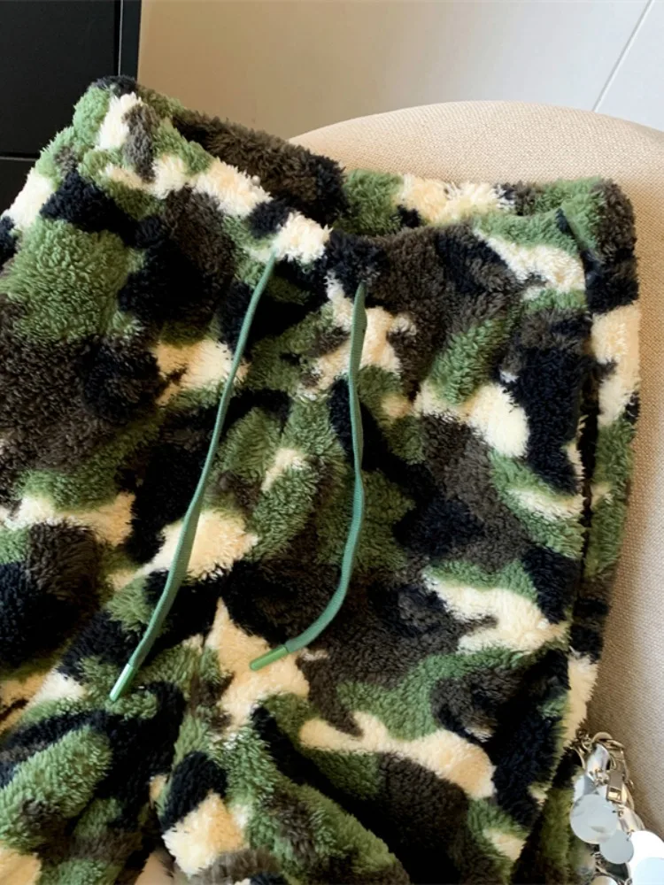 Vita alta Gamba dritta Stampa mimetica Plaid Morbido Thi Pantaloni a gamba larga Donna Inverno Street Vento fresco Vita alta Gamba larga...