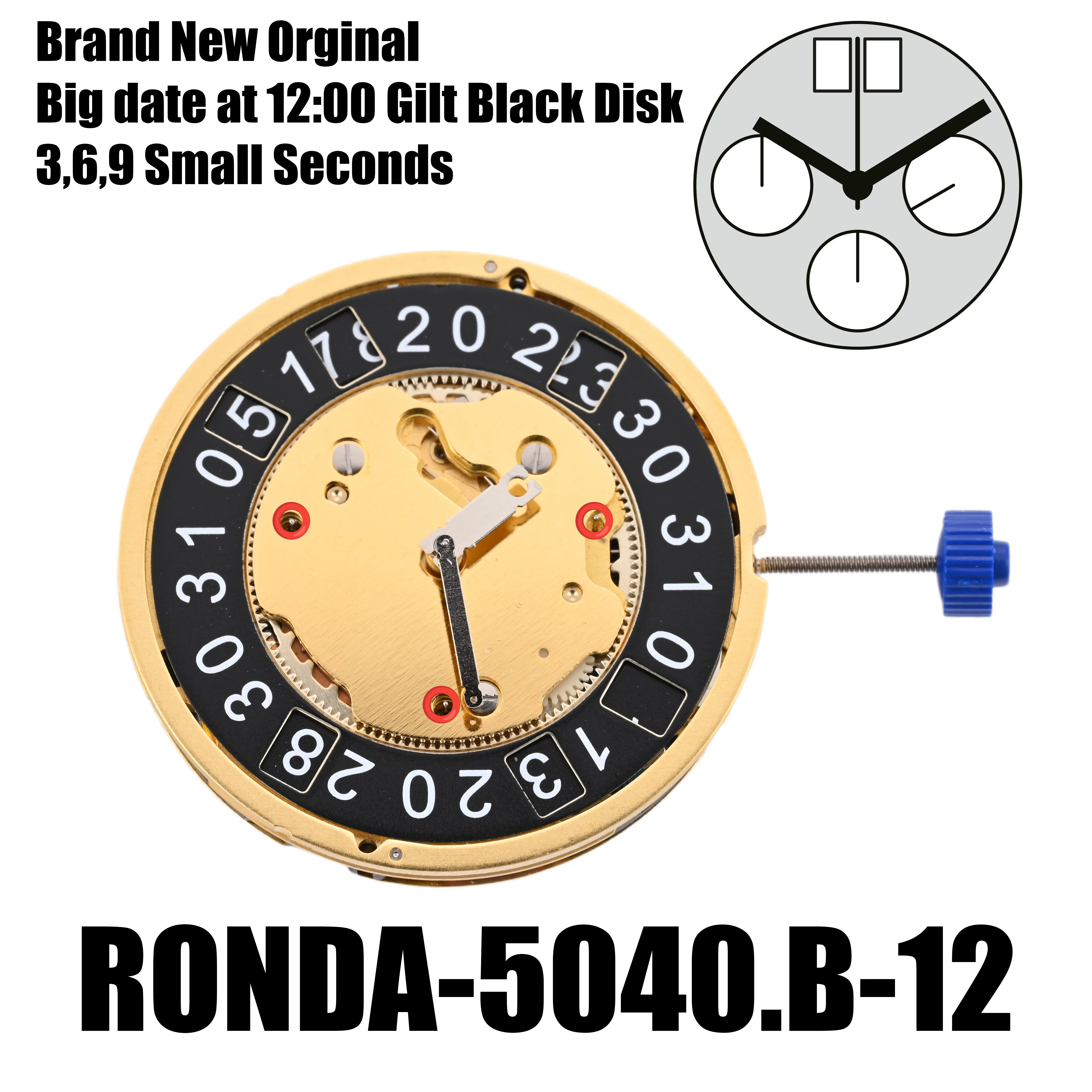 5040B Movement Ronda 5040.B Movement Gilt White Disk 6 Hands 3,6,9 Small Seconds Big Date At 12:00