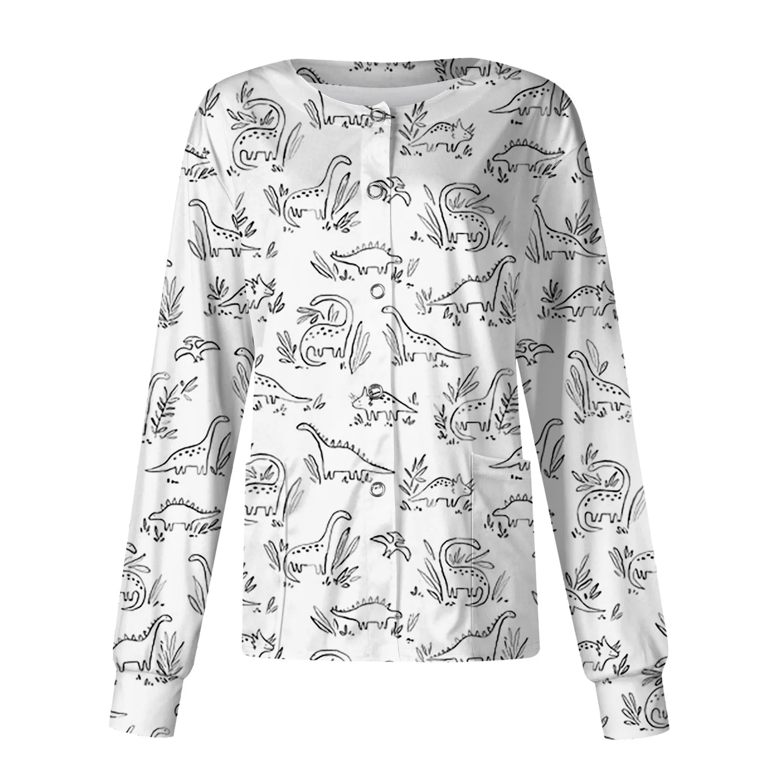 Veste à manches longues pour femme, motif de dinosaure de dessin animé, poche, uniforme de travail d'infirmière, simple boutonnage, salopette de protection, cardigan