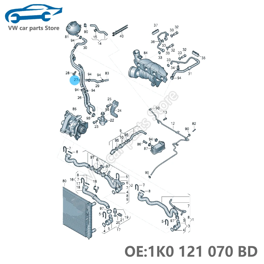 1К 0121070 BD Труба охлаждающей жидкости двигателя Замороженная жидкость для VW Passat Tiguan GolfSeat Skoda Audi TT A3 S3 Q3 2.0T 1.8T 1K0 121 070