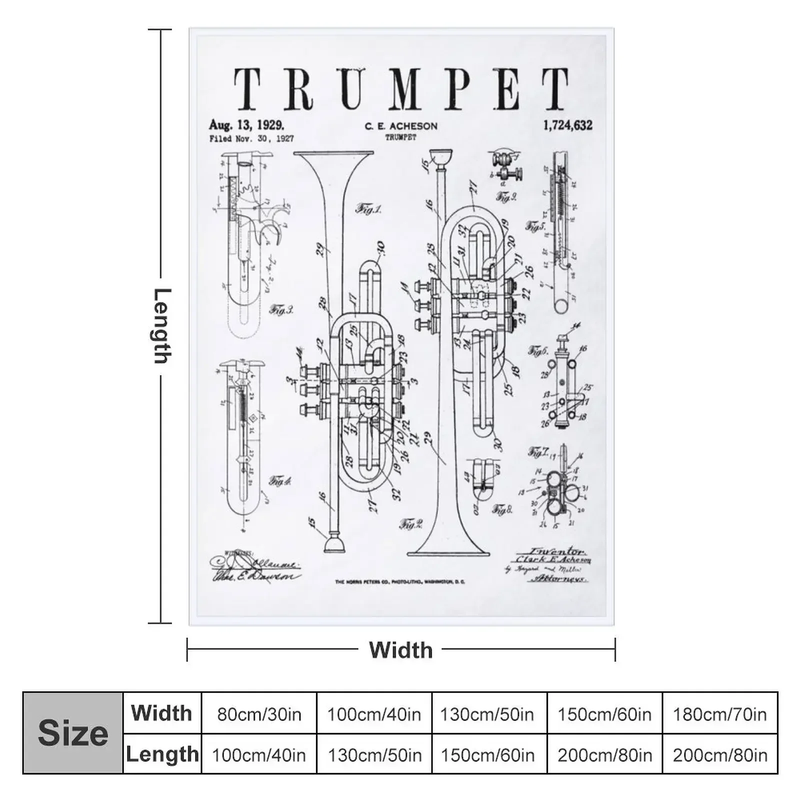 Trumpet Vintage Patent Trumpetist Drawing Print Throw Blanket Camping Nap Furrys Large Blankets