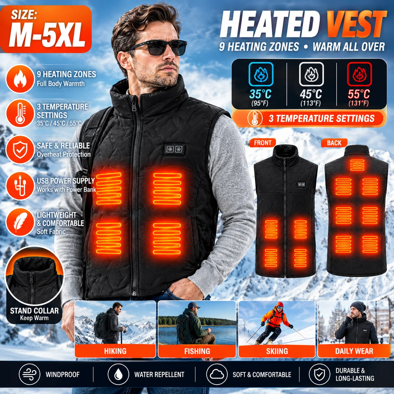Unisex Loose Heated Vest, Winter Warm Electric Heating Gilet Casual Outdoor Sports Sleeveless Coat