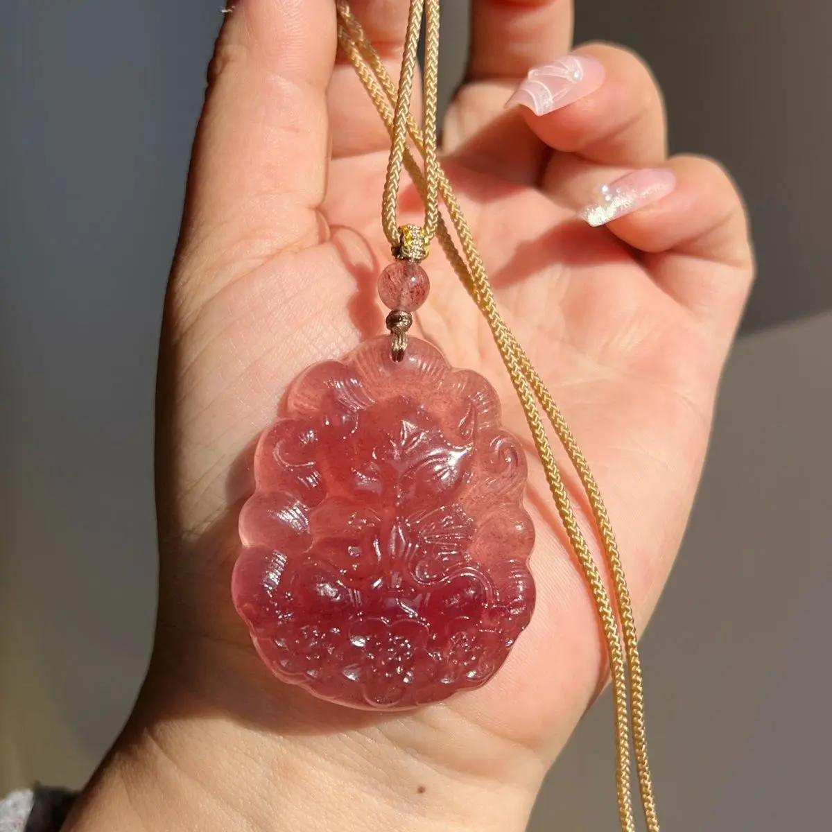 Chinese Style Lucky Strawberry Quartz Nine Tailed Fox Pendant Adjustable Long Necklace Blessing Love Good Fortune Jewelry For