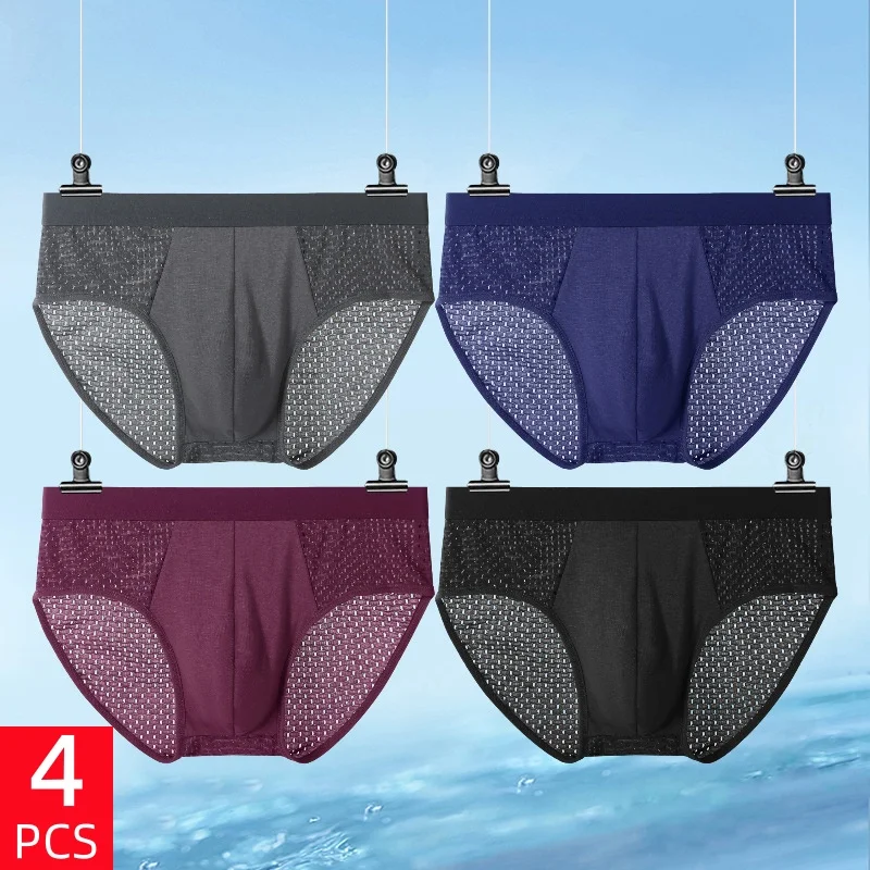

4 шт./лот Мужские летние однотонные сетчатые трусы больших размеров, дышащие, удобные, сексуальные