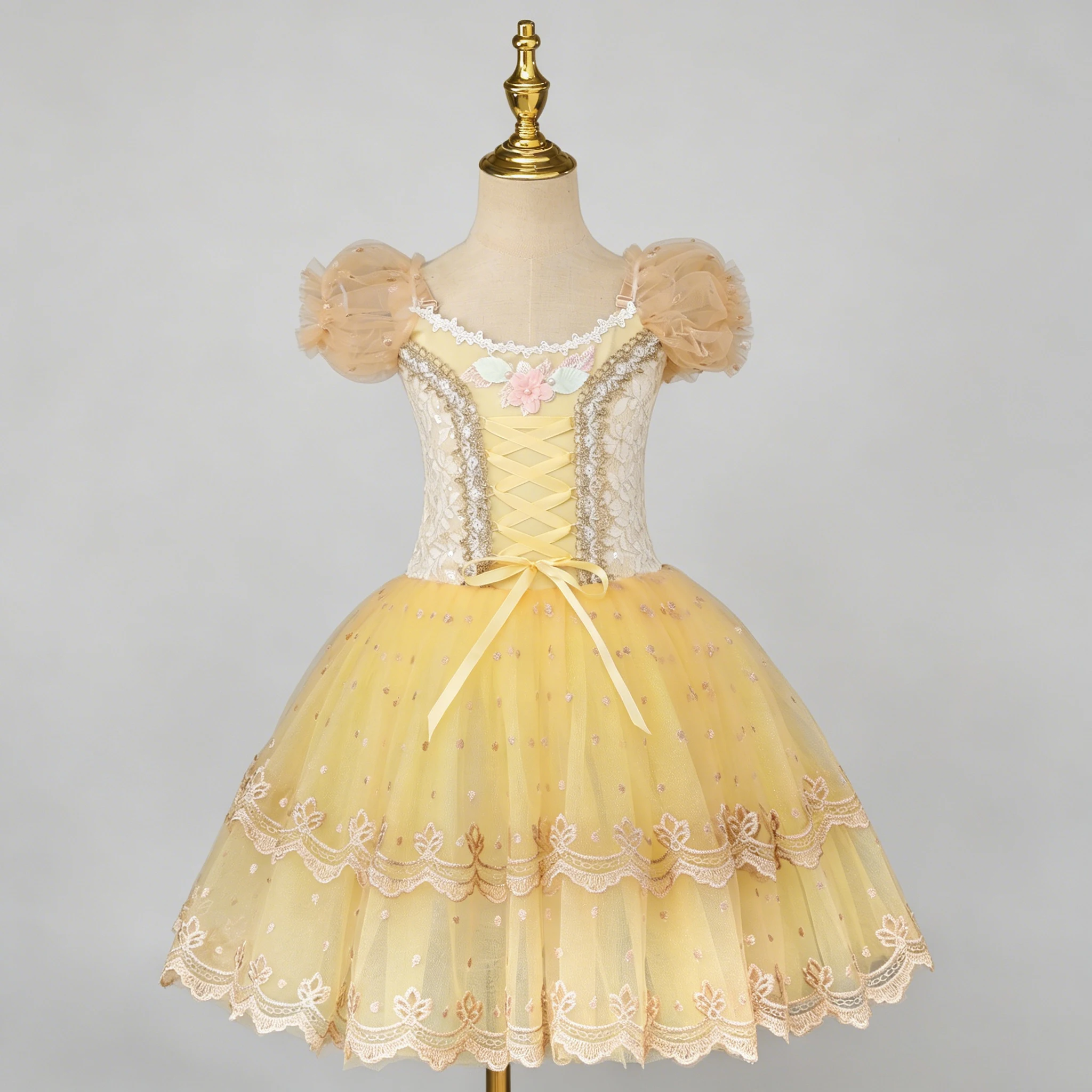 

Professional Tutu Ballet Dress Puff Sleeve Flower Embroidery Ribbon Sequins Ballerina Party Dress Children Ballet Dance Costumes