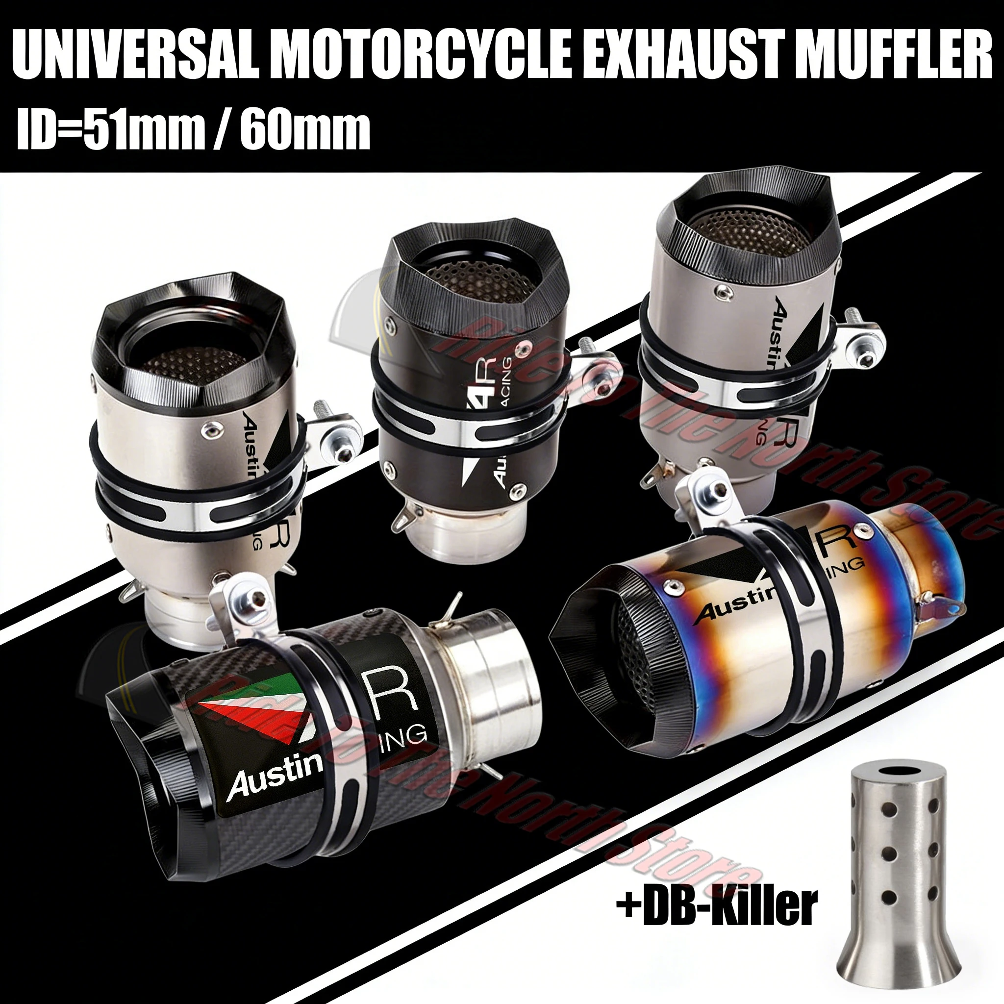 

51mm 60mm Slip On AR Carbon Fiber Titanium Stainlesss Exhaust Tail Pipe For Kawasaki Honda Yamaha KTM Suzuki CF ETC Modifiction