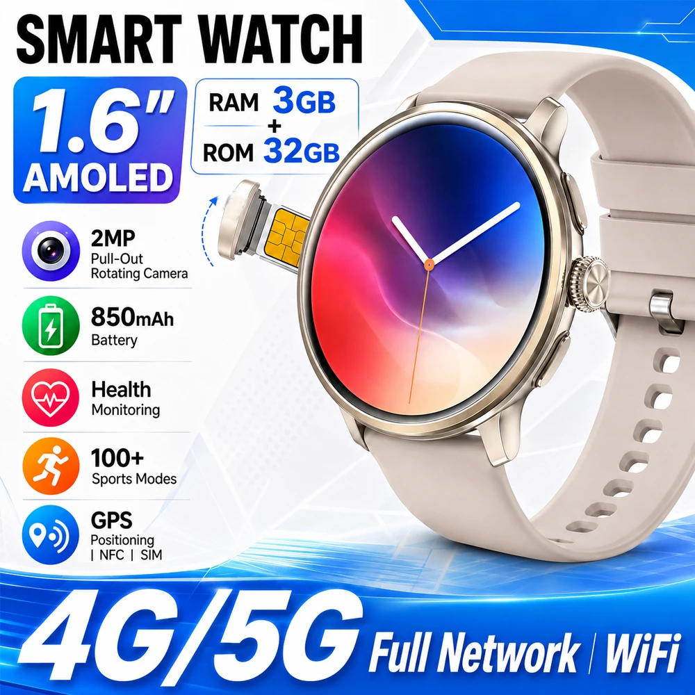 Original 5G Full Network Smart Watch 1.60 AMOLED Screen Health Monitoring Rotating HD Camera WIFI GPS Google Play Smartwatch